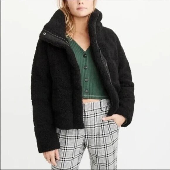 Abercrombie & Fitch Mini Ultra Puffer Sherpa Fleece Cropped Jacket Size XL Black - Picture 1 of 12